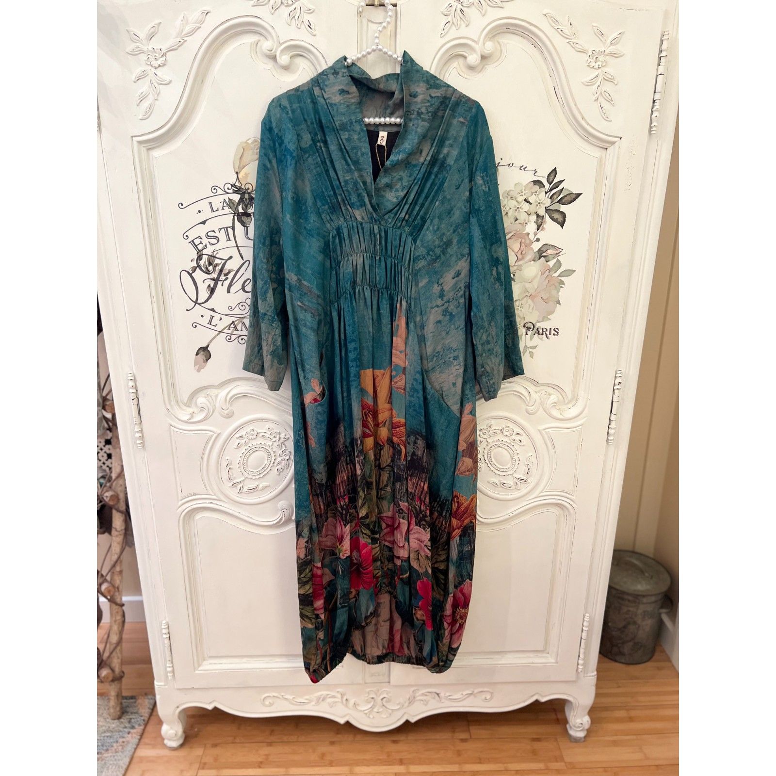 Morimiss Teal Floral Boho Maxi Dress Long Sleeve Empire Waist O/S Nwt — image 3 of 8